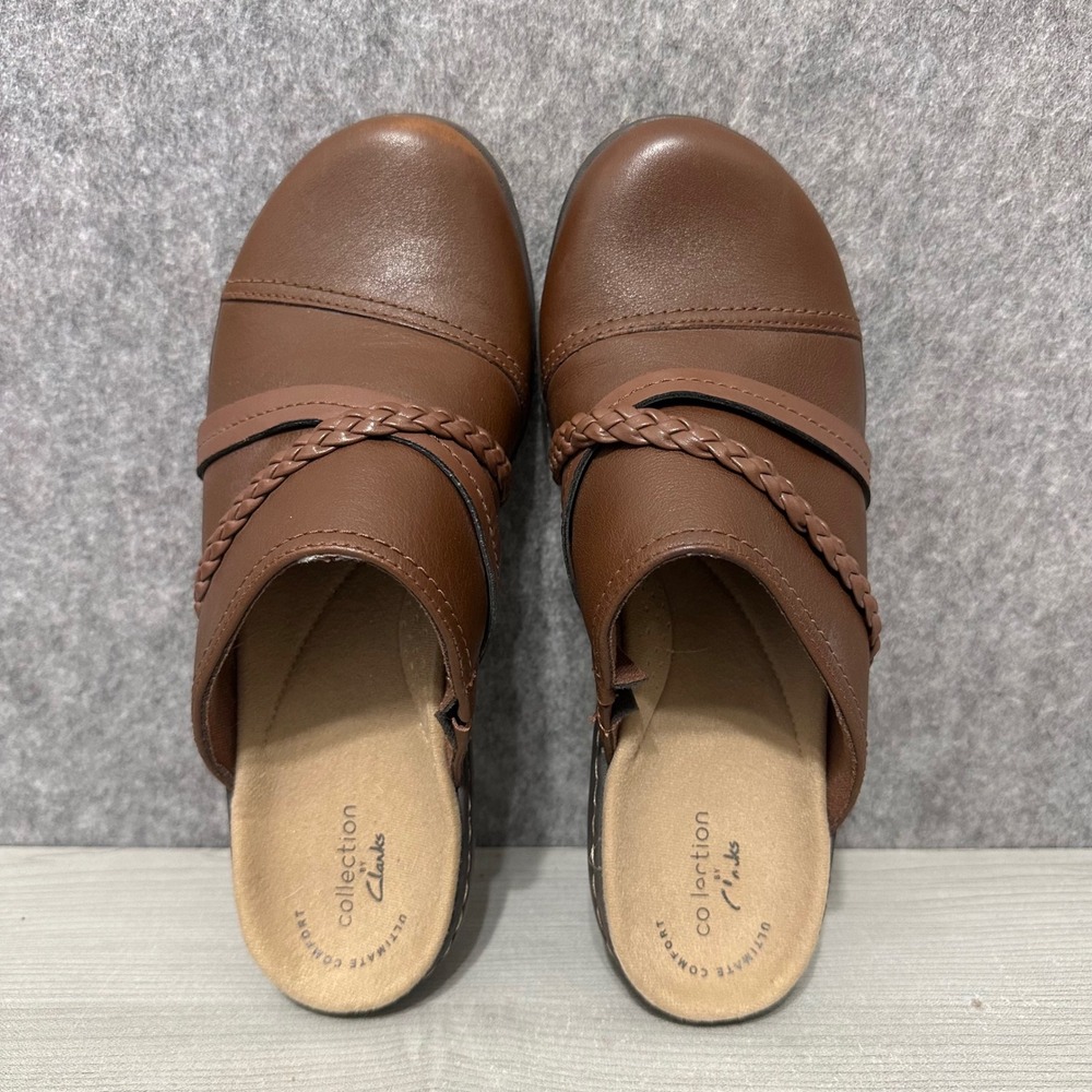 Clarks Laurieann Step Mules Womens 8 Brown Leather Braided Strap Comfort Clogs